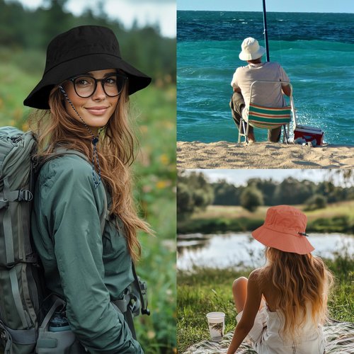 PFFY Quick Dry Waterproof Packable Bucket Hat for Women Men Outdoor Sun Hats with Detachable Chin Strap Black