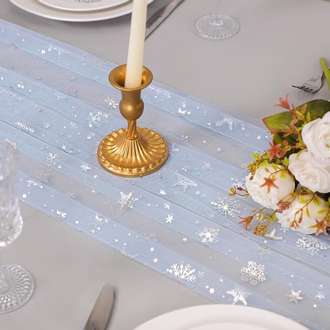Snowkingdom Silver Snowflake Christmas Table Runner, 10ft Light Blue Silver Glitter Snowflakes Sheer Tulle Gauze Winter Table Runner for Seasonal Holidays, Wedding, Party, Home Dining Decoration