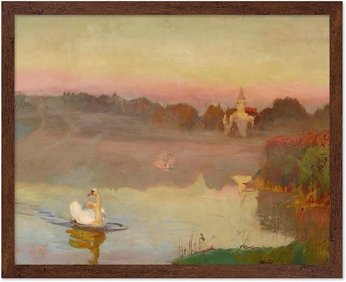 Poster Master Vintage Pond in Radziejowice Poster - Retro Swan Print - Lake Art - Landscape Art - Farmhouse Art - Animal Lover Art - Aesthetic Living Room or Office Decor, 11x14 Brown Framed