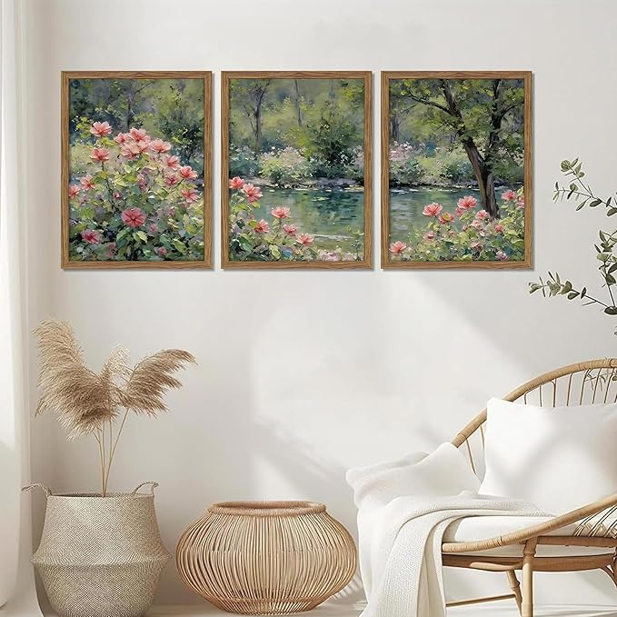 Framed Monet Wall Art Set of 3, Impressionist Botanical Floral Canvas Wall Decor