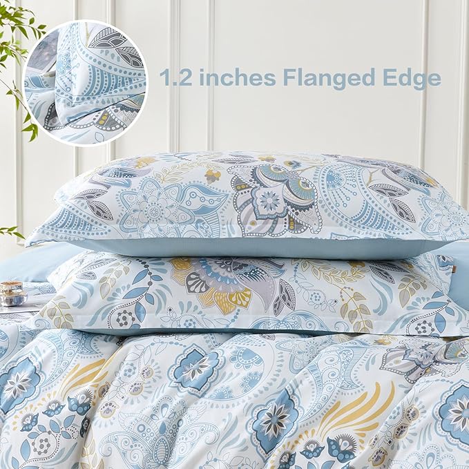 SAPHREAS Blue Floral Duvet Cover Set Full Size Geometric Pattern Botanical Blossom Bedding Comforter Cover Set 100% Cotton 1 Duvet Cover 2 Pillow Shams, Comforter Not Included