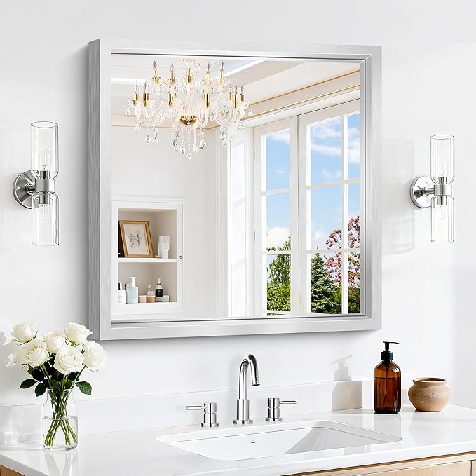 24 x 24 Silver Bathroom Mirror, Brushed Silver Square Mirror