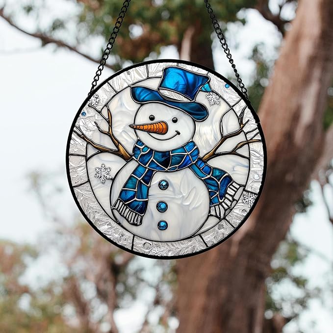 Stained Glass Window Hanging 4 Pcs Set White Winter Christmas Snow Scene Large 15" - Suncatcher Door Garden Sun Catcher Decor Birthday for Mom Woman Nana Men Friend Wife
