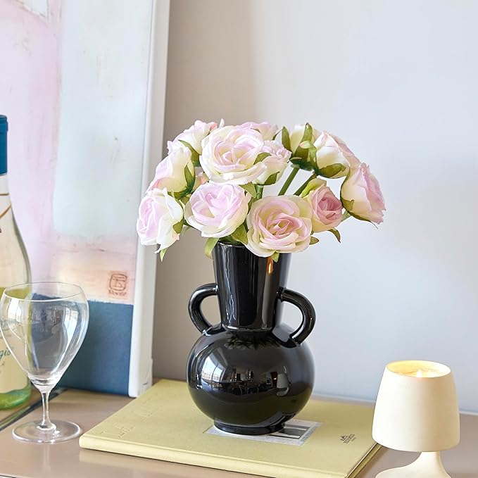 7 Inch Black Ceramic Vase with 2 Handles, Modern Flower Vase Decorative Vases for Bouquet, Unique Vases for Home Decor Farmhouse Living Room Table Centerpieces Wedding Decorations