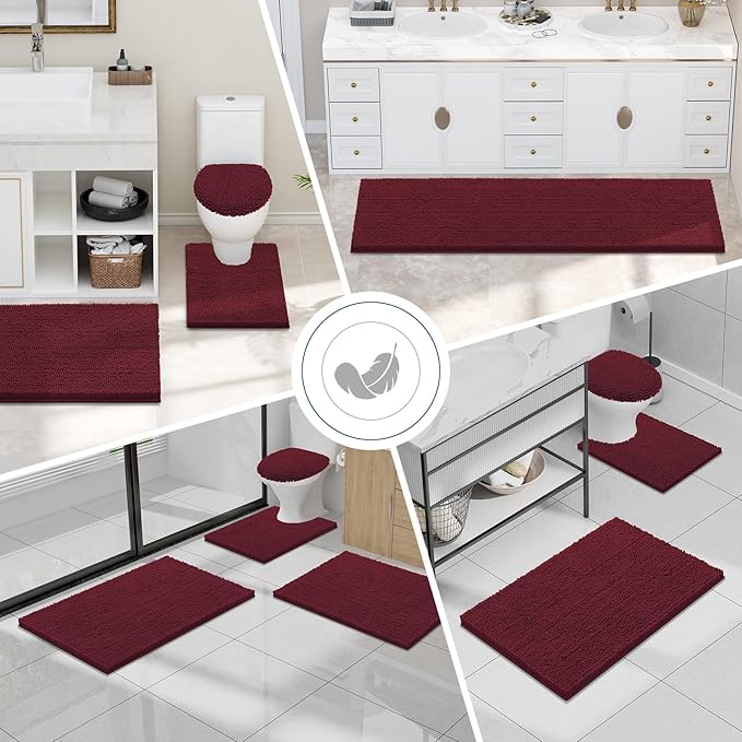 Smiry Luxury Chenille Bathroom Rugs 70x24, Extra Soft and Absorbent Shaggy Bath Mat, Machine Washable, Non-Slip Plush Carpet Runner for Tub, Shower, and Floor, Home Decor Accessories, Burgundy