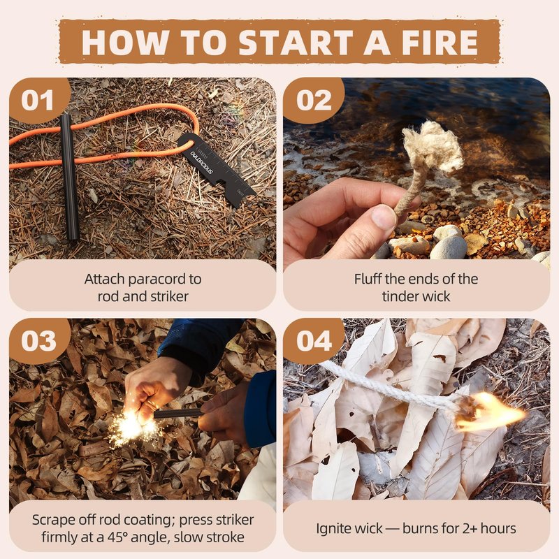 Owldacious Fire Starter Survival Kit – 4 Ferro Rods (4", 3.2", 2×2.4"), 2 Strikers, 2 Tinder Wicks (13" Each), and 2 Paracords (40“ Each). Flint and Steel Emergency Tool.