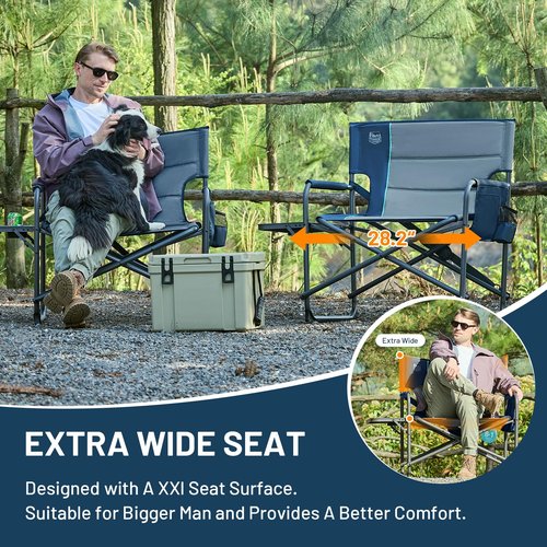 Timber Ridge XXL Director’s Chair – Heavy Duty Folding Chair with Side Table, 500 lb Capacity, Extra Wide Padded Seat for Camping, Sports, Beach, Patio, and Outdoor Use, Blue