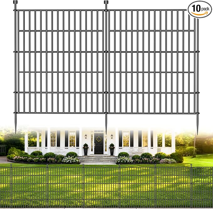 10 Panels No Dig Decorative Outdoor Garden Fence for Yard, 32 in(H) X 23.6 ft(L) Animal Barrier Fencing Rustproof Metal Wire Panel Border for Dog, Rabbits, and Patio Temporary Ground Stakes