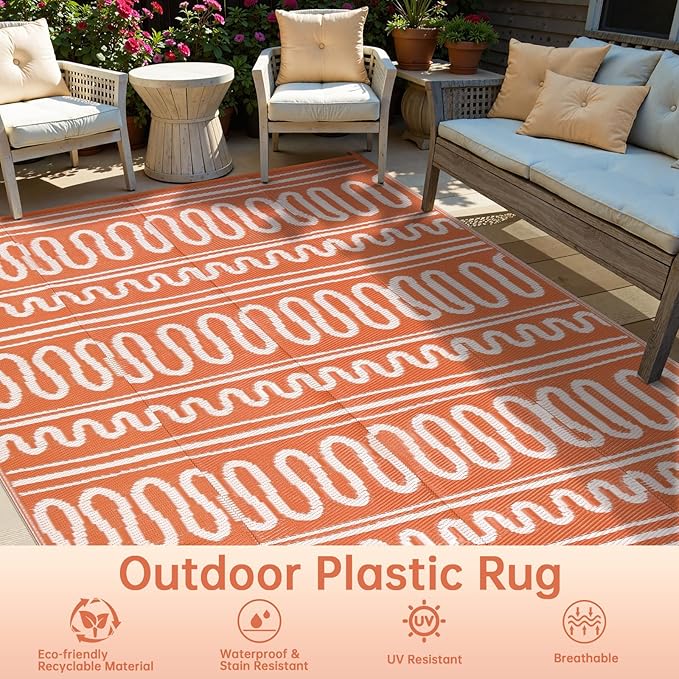 Beeiva Outdoor Rug 8x10, Outdoor Rug Waterproof Reversible, Portable Plastic Outdoor Patio Rug for Deck, Balcony, Backyard, Porch, Camping, Picnic - Orange
