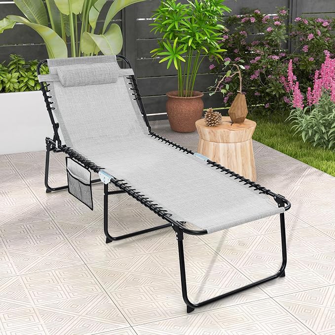 Goplus Chaise Lounge Chair Outdoor, Extra Large Folding 5-Postion Beach Lounger with Detachable Pillow, Side Pocket, Sunbathing Lounge Chair, Adjustable Tanning Chair for Patio Lawn Pool Yard