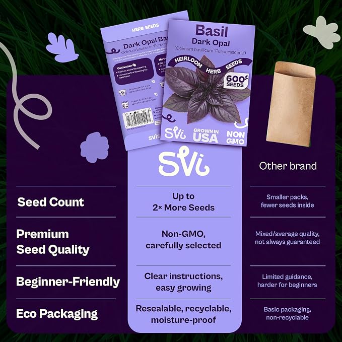 SVI 600 Dark Opal Basil Seeds (Ocimum basilicum) – Purple Sweet Basil Seed Packets –Non GMO Heirloom Herb Seeds, Aromatic Natural Herbs for Containers, Outdoor & Indoor Herb Garden