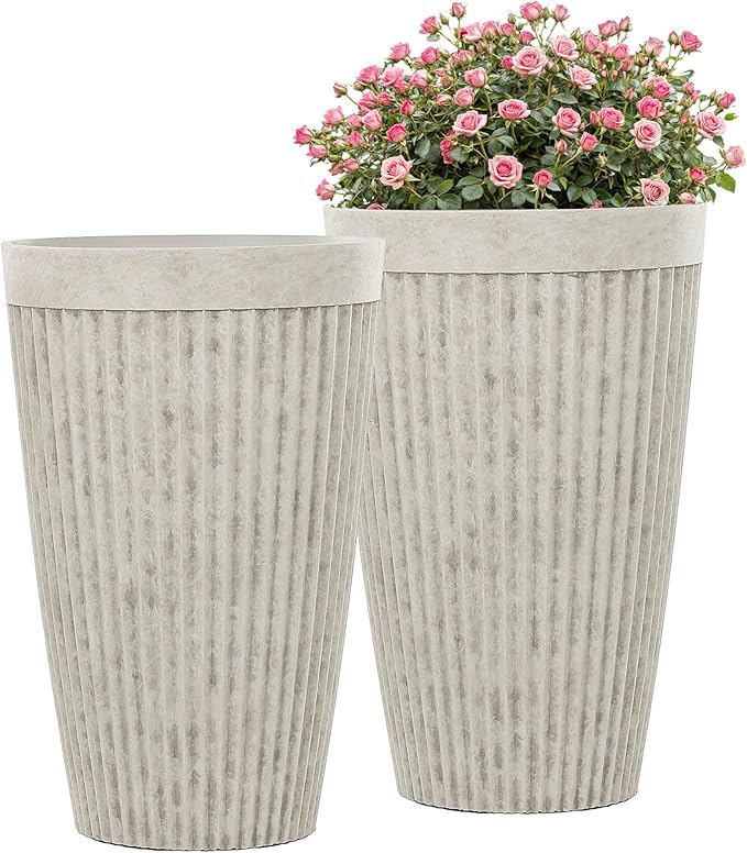 20" Resin Tall Planters for Outdoor Plants,Set of 2 Vintage Ivory Large Flower Pots with Handmade Fluted Texture,Heavy-Duty and Weather-Resistant for Porch Christmas Decor,Garden, Patio