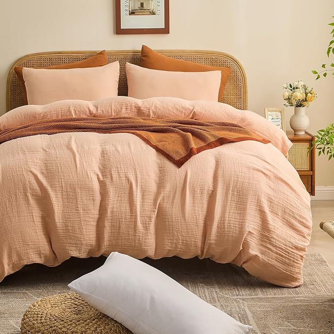 MEISHANG Muslin Duvet Cover Queen Size - 100% Organic Cotton, Soft Textured Gauze Weave Comforter Cover for Breathable All-Season with Zipper Closure - 3 Piece Set (Queen, Cameo Rose)