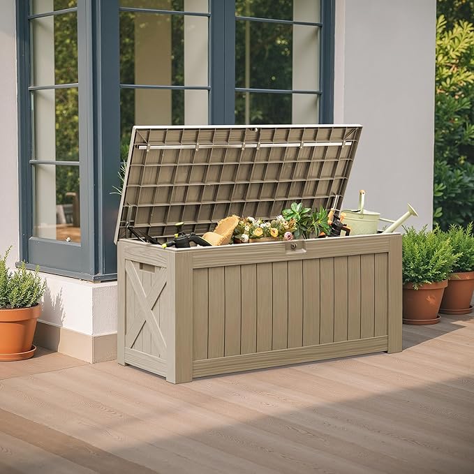 Flamaker Resin Deck Box 120 Gallon Waterproof Large Outdoor Indoor Storage Box Imitation Wood Resin for Patio Furniture Garden Tools and Pool (Brown)