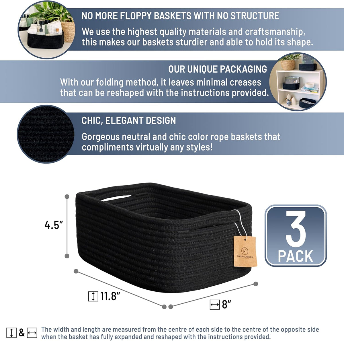 NaturalCozy 11.8"x8"x4.5” Rectangle Storage Baskets for Shelves 3 Pack | Cotton Rope Woven Small Baskets for Organizing | Small Storage Bins for Nursery, Bathroom, Closet, Shelf, Decorative, Gift