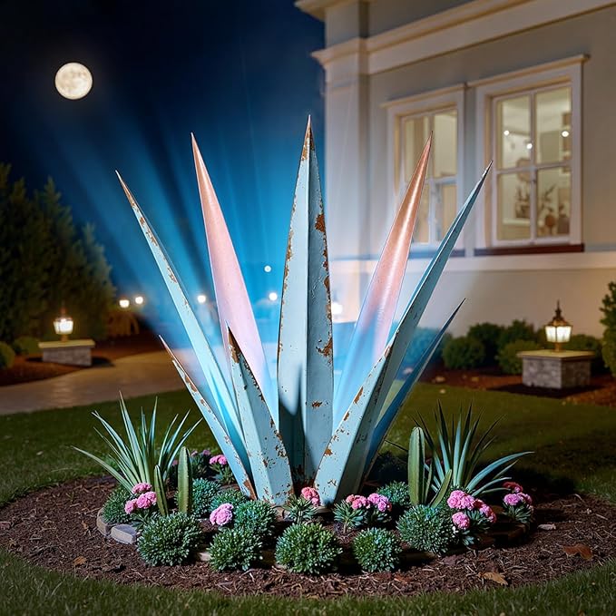 KODIBO 24” Large Solar Metal Agave Plants Outdoor Decor, Tequila Rustic Sculpture Outdoor Statues, Garden Sculpture for Patio Path Courtyard and Lawn (Vintage Blue-Solar Light)