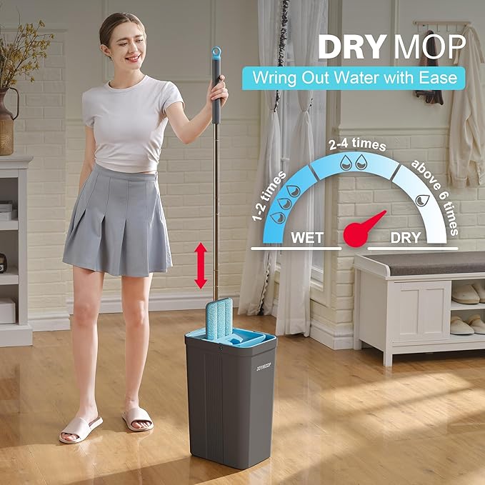 JOYMOOP Mop and Bucket Set with Wringer, Mops for Floor Cleaning, Wall Mop Cleaner with Long Handle, with 4 Reusable Microfiber Mop Pads - Grey+Cyan Blue