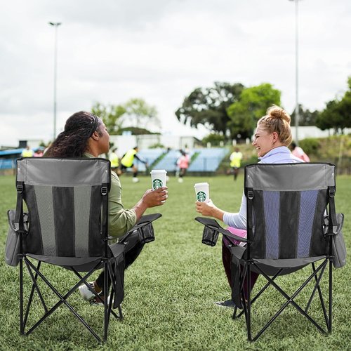 Nazhura Outdoor Camping Chairs - Portable Folding Design with Cooler Pouch & Cup Holder | Grey, 2 Pack
