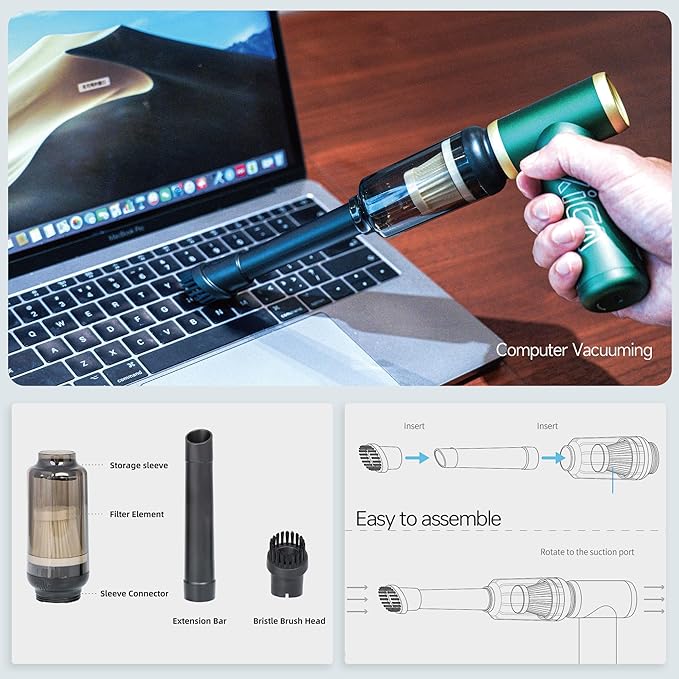 KiCA Jetfan 2.0 Electric Air Duster+Vacuum Accessory Combo for Computer/Keyboard/House Cleaning/Camera Lens/Camping/BBQ/Car/Barbershop,100000RPM,Two Nozzle/Long Battery,Air Can Substitute Tool-Green