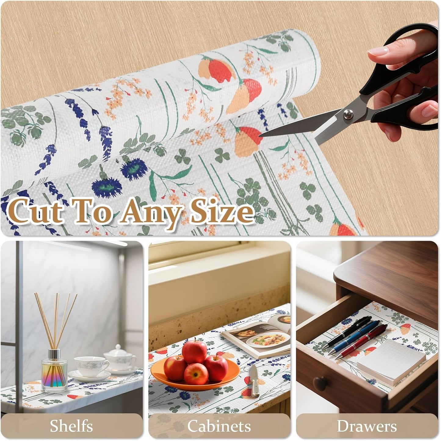 FINNEZ Shelf and Drawer Liner 12in x 20FT with Cutting Tool, Non Slip Non Adhesive Drawer Liners for Kitchen Cabinets, Waterproof Floral Cabinet Liner for Shelves, Refrigerator