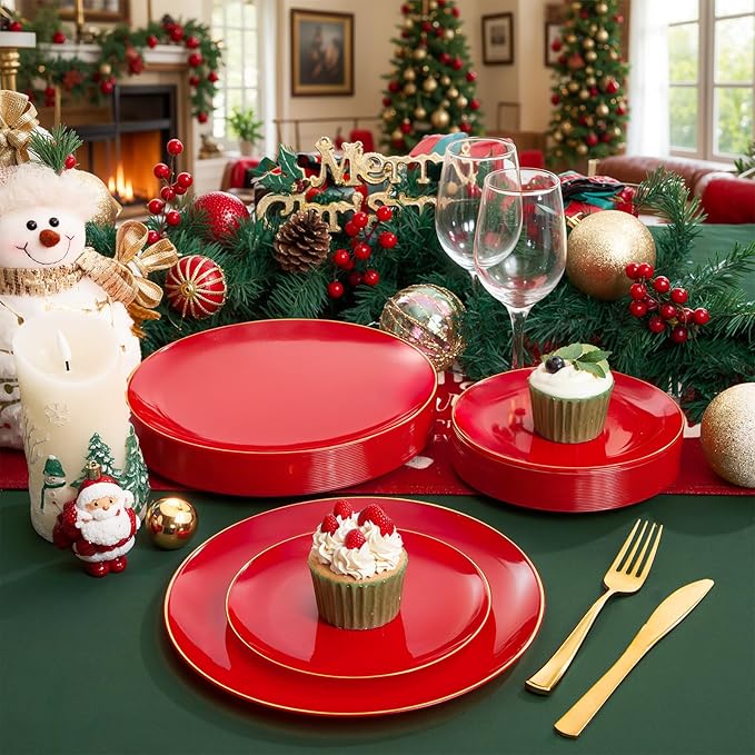WDF 150Pcs Red Plastic Plates - Red Plates Disposable - 25Guest Christmas Dinnerware Include 25 Dinner Plate, 25 Dessert Plate, 75 Cutlery & 25 9oz Cups for Christmas & Parties