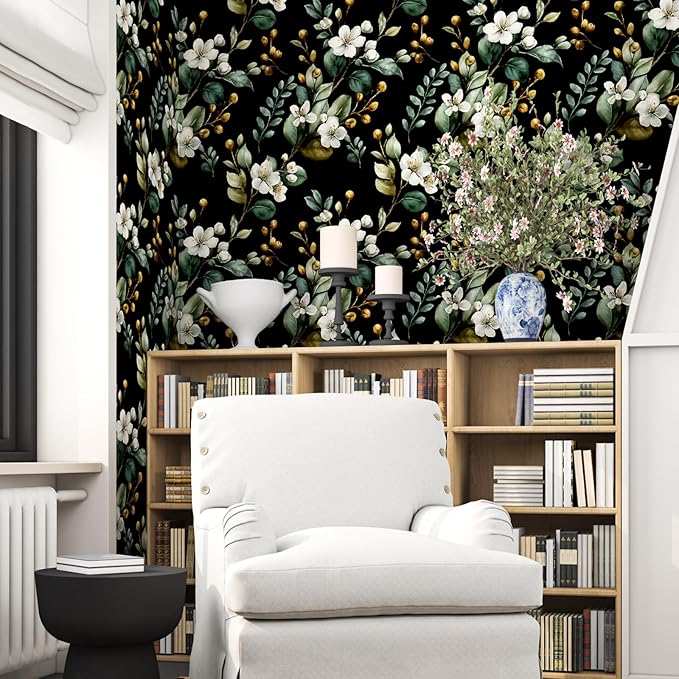 Black Floral Wallpaper Peel and Stick, Vintage Dark Green Leaves