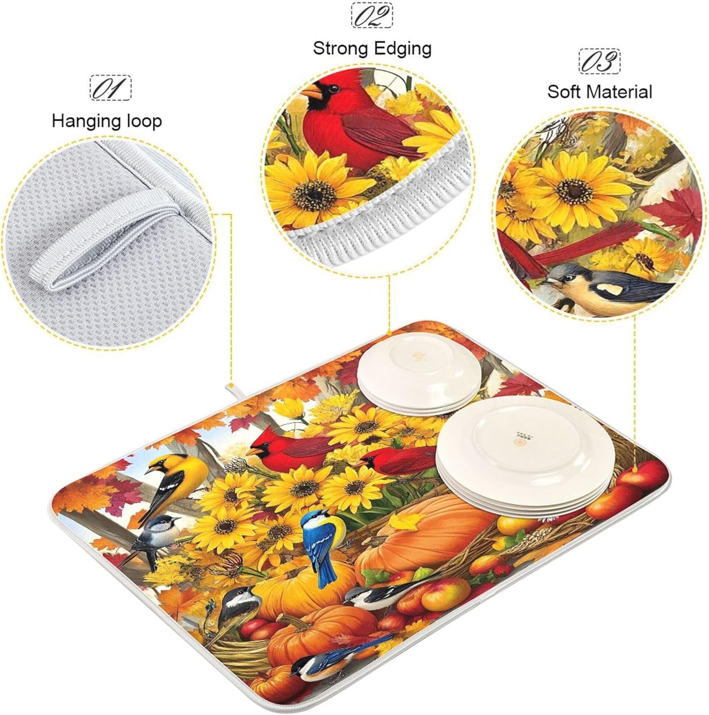 Fall Birds Dish Drying Mat for Kitchen Countertop 16x18 Autumn Pumpkin Sunflower Small Drying Mat Reusable Quick Dry Dish Sink Mats Easy Clean Decorative Essentials