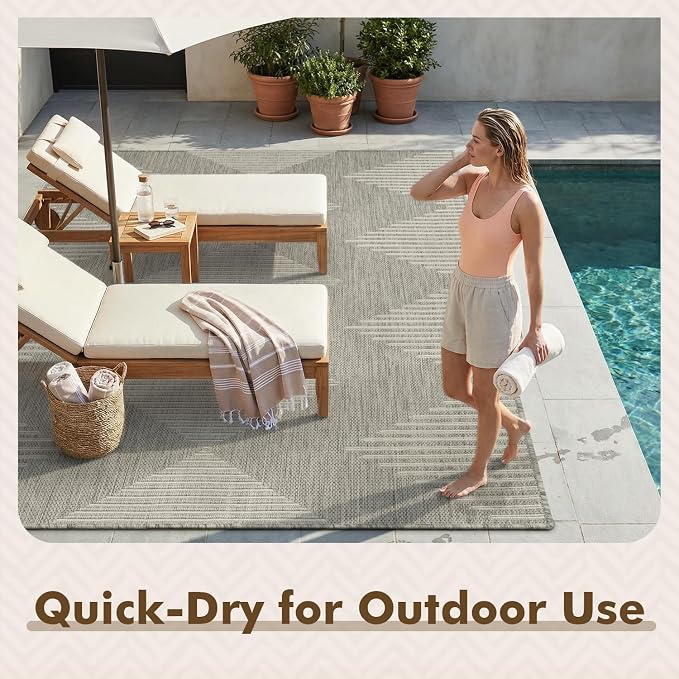 MontVoo-Outdoor Rug Carpet Patio Rug 4x6 ft Polypropylene Indoor Outdoor Rugs for Patio Deck Balcony Porch, Textured Weave, Durable for High Traffic, Fade-Resistant, Boho Geometric Silver Grey