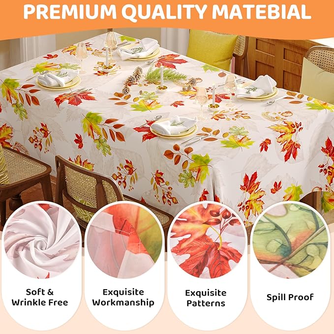 Fall Rectangle Tablecloth 60 x 120 Inch, Thanksgiving Autumn Harvest Maple Leaves Table Cloth, Spill Proof Wipeable Washable Rectangular Table Covers for Party Picnic Dinner Decor