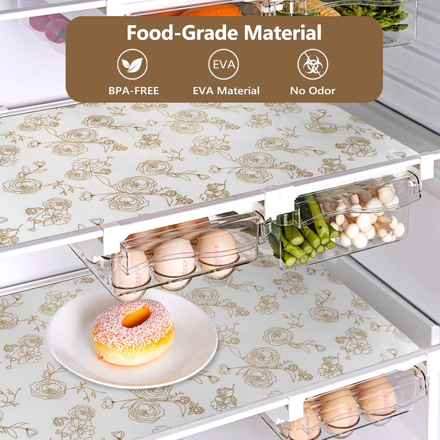 Shelf Cabinet Liner for Kitchen- Non Adhesive Drawer Liner Refrigerator Liner, Premium Waterproof Shelf Paper Protect Surface, Non Slip Easy to Clean Durable EVA Material, Gold Roses, 18 in x 30FT