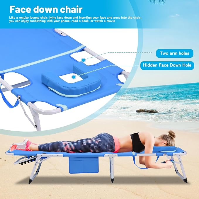 Outdoor Chaise Lounge with Detachable Pillow, Reclining Folding Chair with 5-Position Adjustable Back, Portable Tanning Chair For Beach, Pool, Lawn, Breathable Mesh Seat, No Assembly (Blue 4)