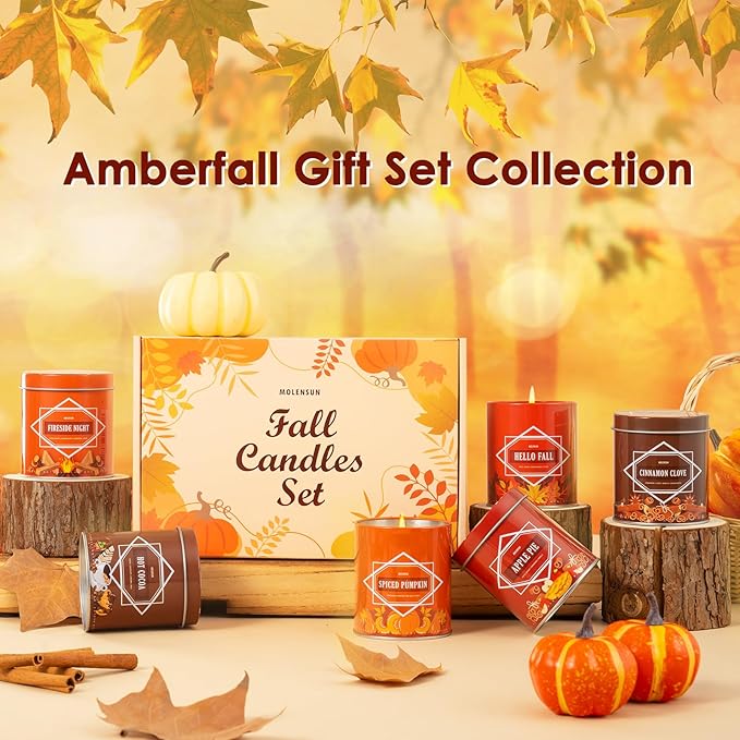 Fall Scented Candles Gift Set – 6 Pack of 9Oz Soy Candles, Autumn Fragrances (Pumpkin Spice, Apple Pie, Hello Fall, Cinnamon Clove, Autumn Hearthglow, Hot Cocoa), Holiday Gifts for Women & Men