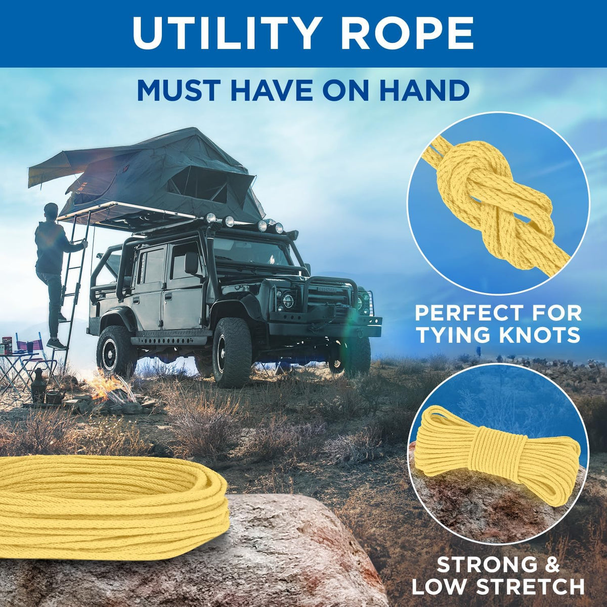 TECEUM Cotton Rope 3/16” (5 mm) – 50 FT – Strong All-Purpose Braided Rope – Natural Cotton – for Crafting, Сamping, Clothes Line, DIY, Indoor & Outdoor Use – Pastel Yellow