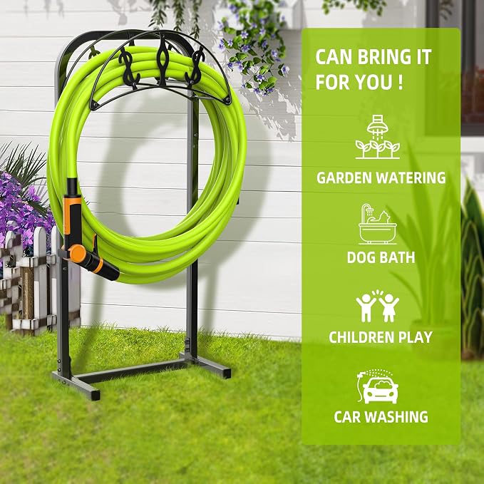 Garden Hose Holder, Freestanding Water Hose Holder with 4 Spikes, Heavy Duty Hose Reel Holds 150ft Hose, Hose Hanger, Hose Storage, Hose Organizer for Outside Lawn Yard