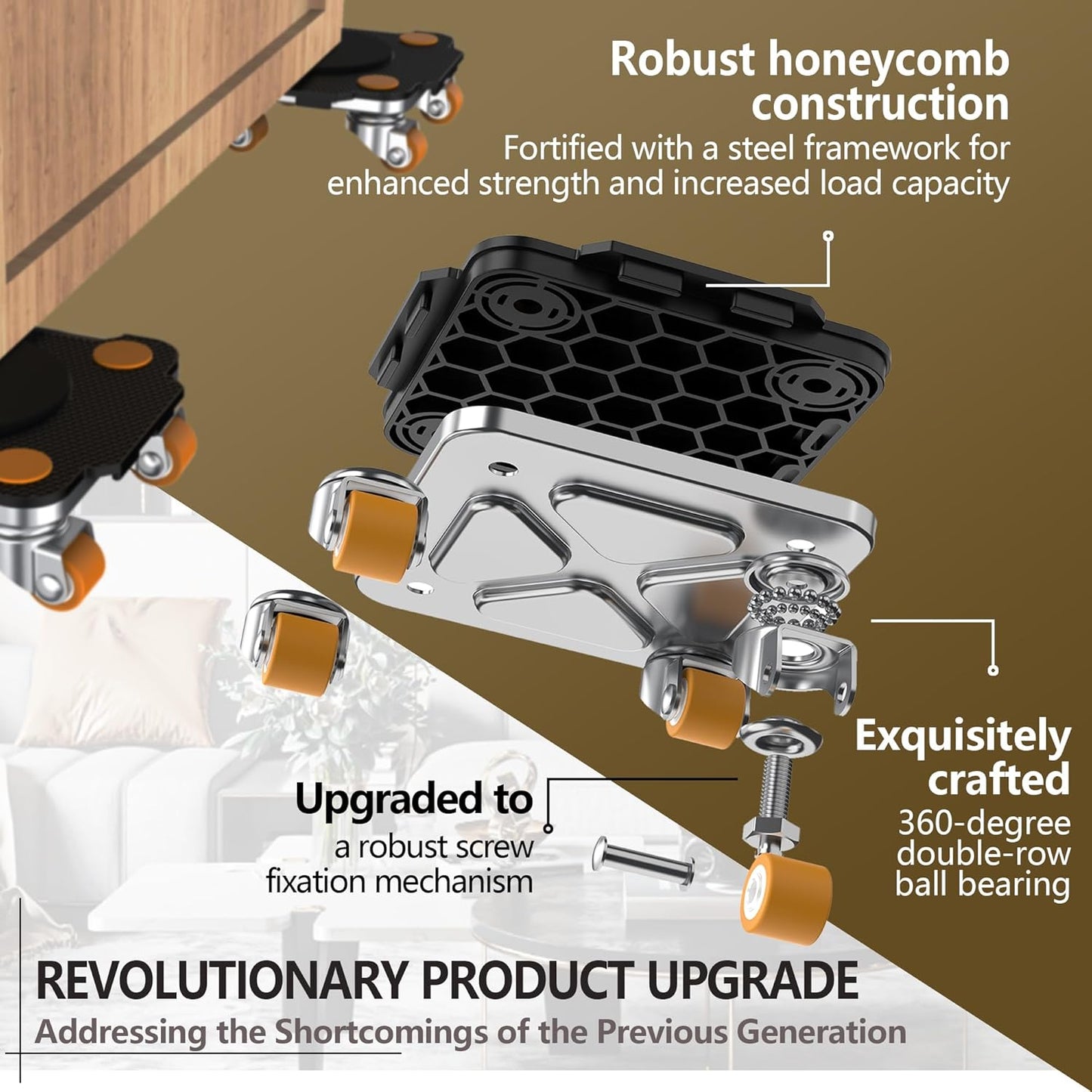 ONEON Furniture Mover Pro - 4Pack Enhanced Dollies with Custom TPE Wheels - Effortless Heavy Furniture Transport (Black: 4 Dollies Only)