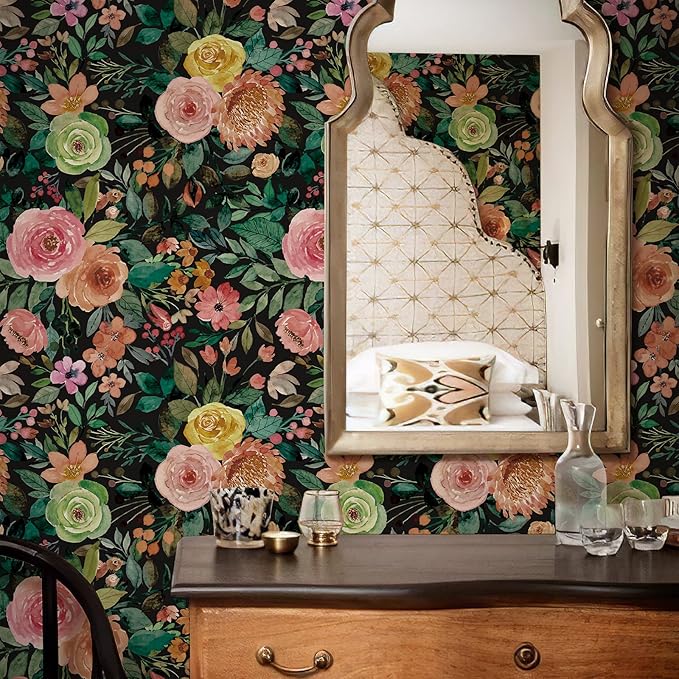 JiffDiff Blooming Floral Wallpaper Peel and Stick Pink Impressionist Floral