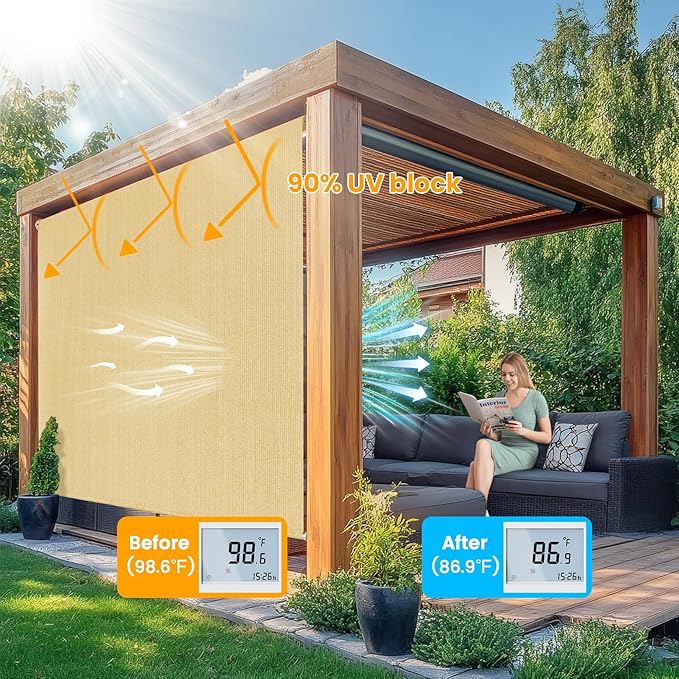 8'W x 6'H Sesame Patio Shades Roll up Outdoor Roller Shade Crank Wand Blind