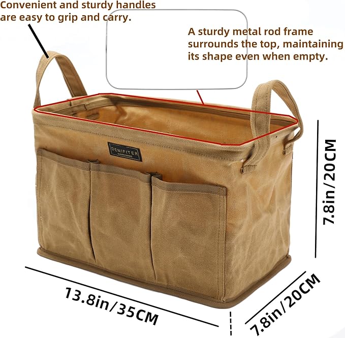 Tool Pouch, Heavy Duty 16oz Waxed Canvas Tool Bag, Rectangle Foldable Open Top Tool Bags with Handles, 7 Pockets | 13.8 x 7.8 x 7.8 Inches