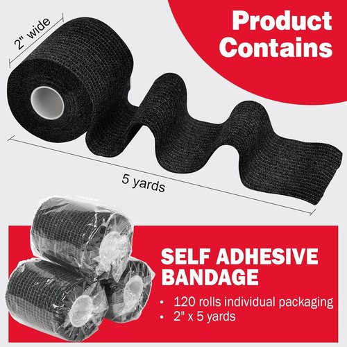 AZEN Self-Adhesive Bandage Wrap - 120 Pack Black Athletic Tape, 2" X 5 Yards for Ankle Support