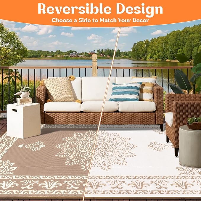 Yamaziot Outdoor Rug 8x10 Ft, Waterproof Plastic Straw Patio Rug, Reversible Backyard Carpet UV Resistant Portable RV Mat Clearance, Large Indoor Outdoor Rug for Patio, Porch, Deck, Balcony, Brown