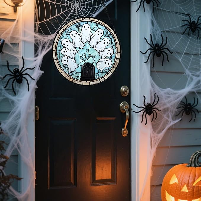 Stained Glass Window Hanging - Halloween Decorations Ghosts Tombstones Suncatcher for Doors Garden Indoor Spooky Funny Sun Catchers Gothic Decor Horror Gifts for Women Men Friend 9.8 in