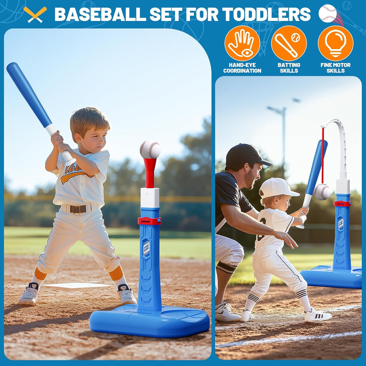 Skiennix 3-in-1 Kids Basketball Hoop & T-Ball Set - Adjustable Height Indoor/Outdoor Sports Toy for Ages 3-5 (Blue)