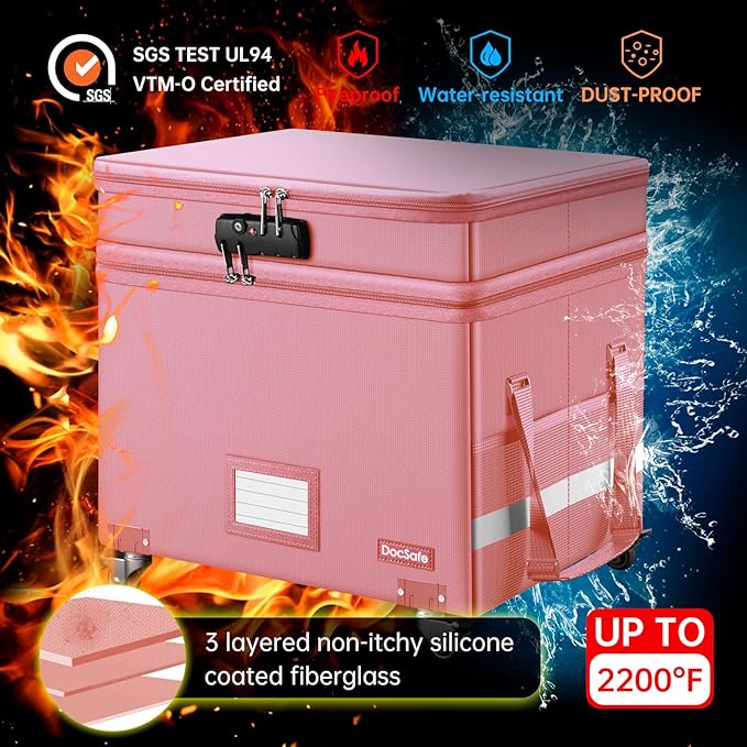 DocSafe File Box with Lock,2-Layer Fireproof Document Box with Wheels,Collapsible Rolling File Storage Organizer with Pockets,Large Portable Home Office Filing Cabinet Safe for Hanging Folders,Pink