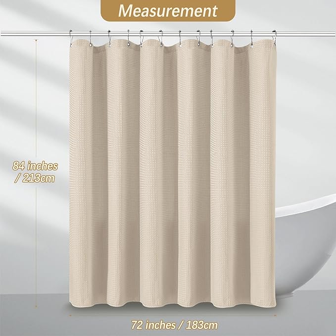 Beige Fabric Shower Curtain - Waffle Textured Heavy Duty Shower Curtains for Bathroom, 256GSM Hotel Spa Luxury Weighted Bath Curtain with 12 Hooks, 72x84, Beige