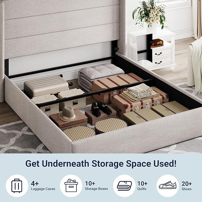 Allewie Full Size Lift Up Storage Bed, Modern Wingback Headboard, Hydraulic Support, No Box Spring Needed, Light Beige