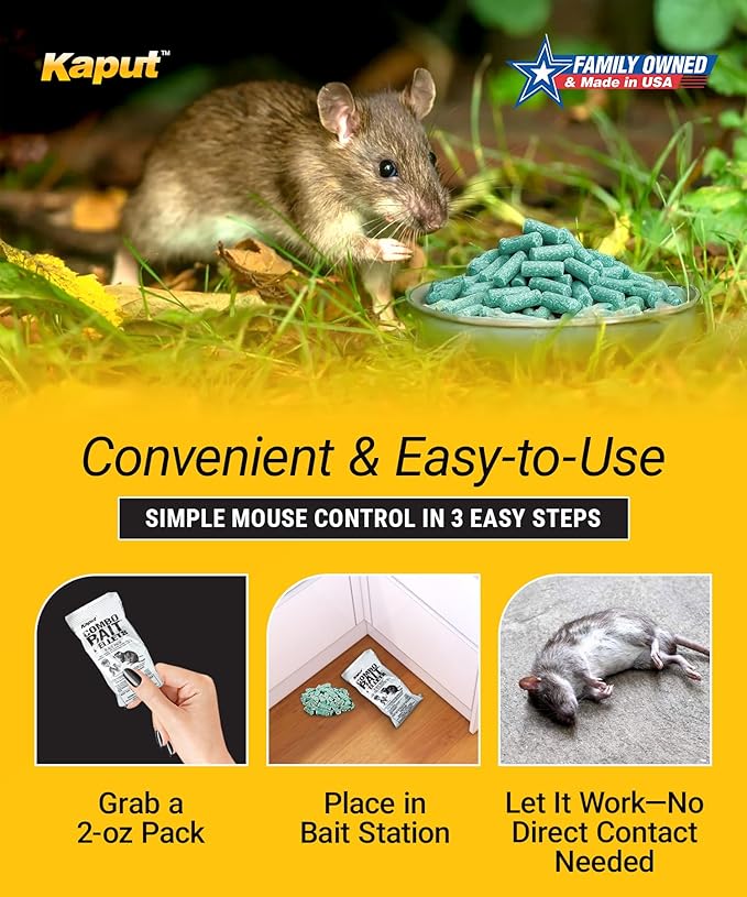 Kaput Combo Bait Pellets, Rat Bait to Kill Rodents & Fleas, Norway, House Mice, & Pine Voles - Includes Warfarin & Imidacloprid for Effective Pest Control (32 x 2oz Place Packs)