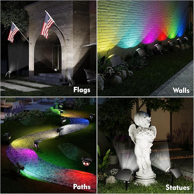Solar Spot Lights Outdoor Waterproof IP68, RGB Colors Changing Solar Lights with 4 Lighting Modes, Solar Powered Lights Outdoor for Yard Outside Landscape Garden (6Pack)