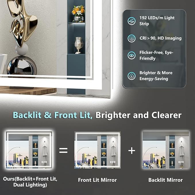20x28 LED Bathroom Mirror with Lights, Backlit and Front Lit Anti-Fog Lighted