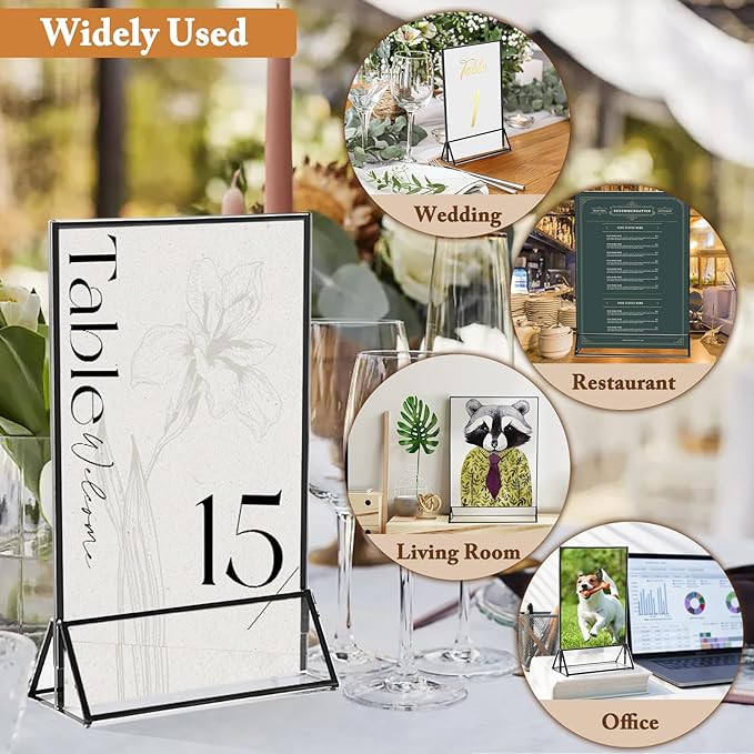 Floroom 12 Pack 5x7 Inch Clear Acrylic Sign Holders, Double-Sided Black Display Stand Picture Frames for Table Numbers, Menus, Flyers, Weddings, and Offices
