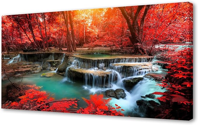 Muolunna BK03998 Wall Art Decor Canvas Print Picture Red Forest Waterfalls 1 Piece Modern Landscape Tree for Living Room Bedroom Office Home Decorations Stretched and Framed Ready to Hang